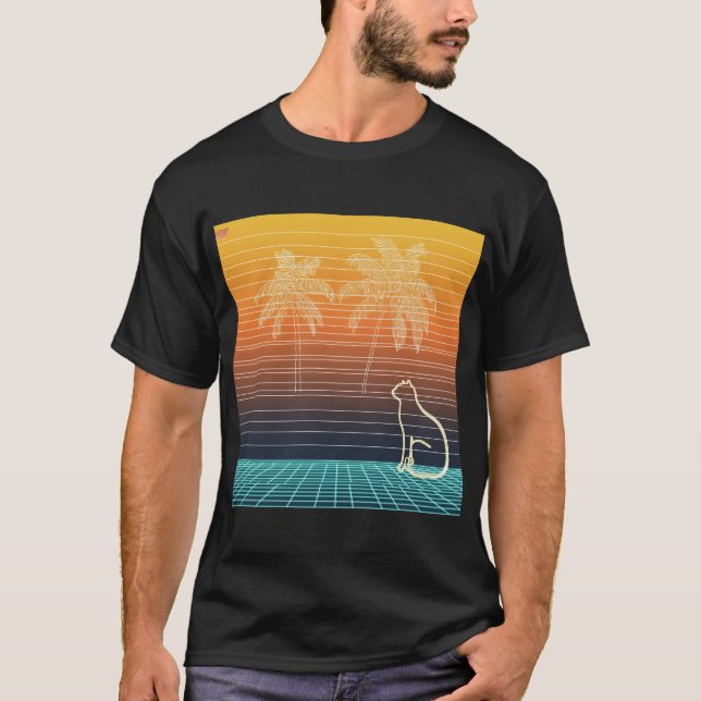 Camiseta Neon Line Art Cat & Palms (Anverso)