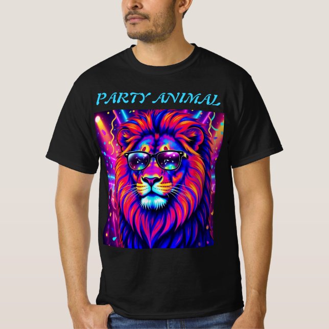 Camiseta Neon Lion Party Animal – Colourful Retro Graphic (Anverso)