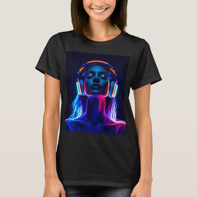 Camiseta Neon Music Meditation – Woman with Headphones Art (Anverso)