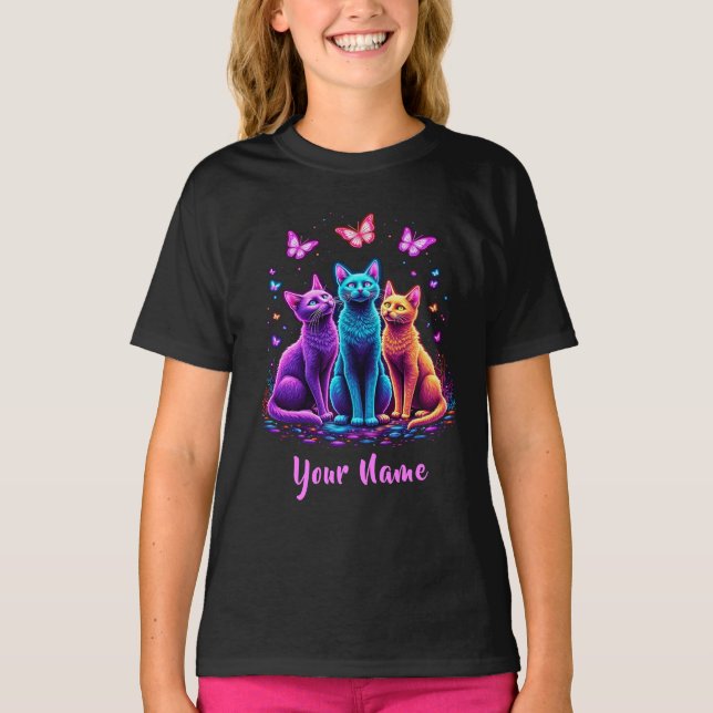 Camiseta Neon Mystic Cats – Custom Name Psychedelic T-Shirt (Anverso)