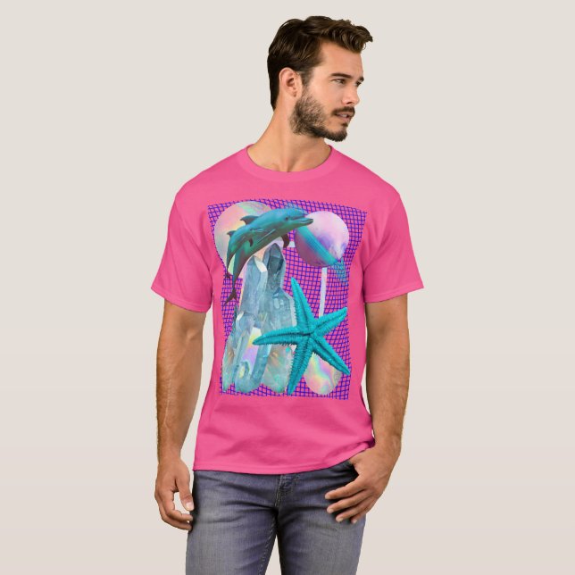 Camiseta Neon Pink Vaporwave/ Seapunk Estético, Delfín (Anverso completo)