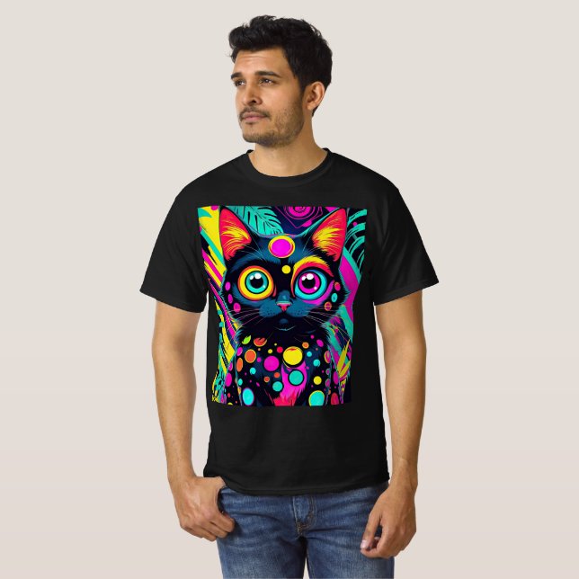 Camiseta ✨ Neon Psychedelic Cat – Pop Art Design 🎨🐱 (Anverso completo)