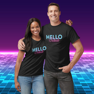 Camiseta Neón rosa negro retro Hola Jesús Café cristiano
