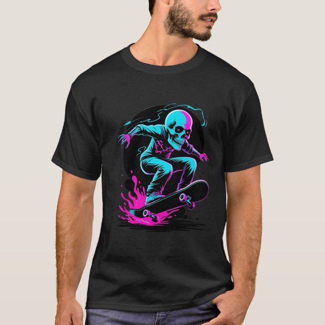 Camiseta Neon Skull Skateboard Art - Diseño Edgy Skater (Anverso)