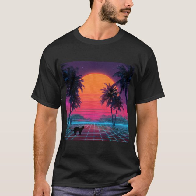 Camiseta Neon Sunset Cat on Cyber Shore (Anverso)