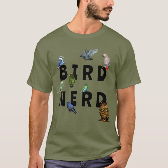 Camiseta NERD de AVE, loros, búho, palomas, kookaburra (Anverso)
