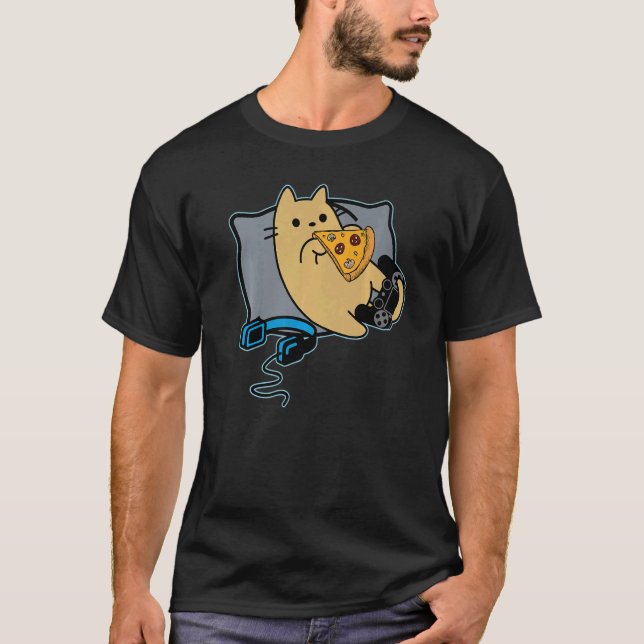 Camiseta Nerdy Pizza Eating Gamer Cat Game Paused (Anverso)
