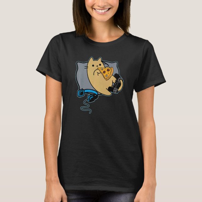 Camiseta Nerdy Pizza Eating Gamer Cat Game Paused (Anverso)