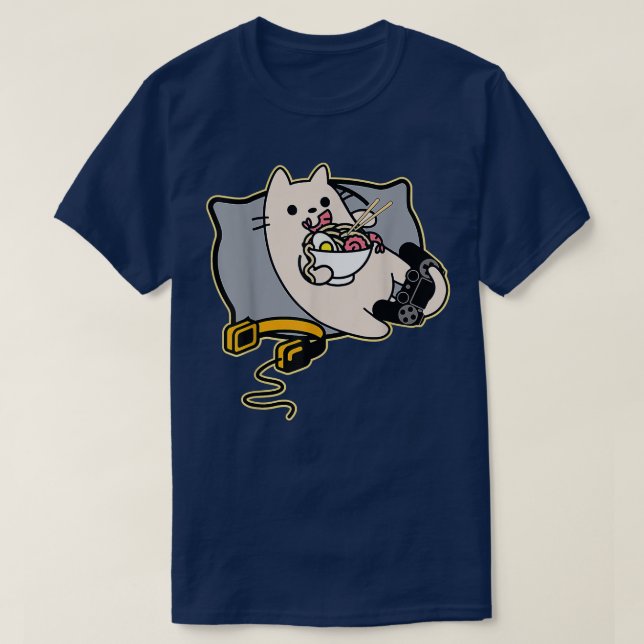 Camiseta Nerdy Ramen Eating Gamer Cat Game Paused  (Diseño del anverso)