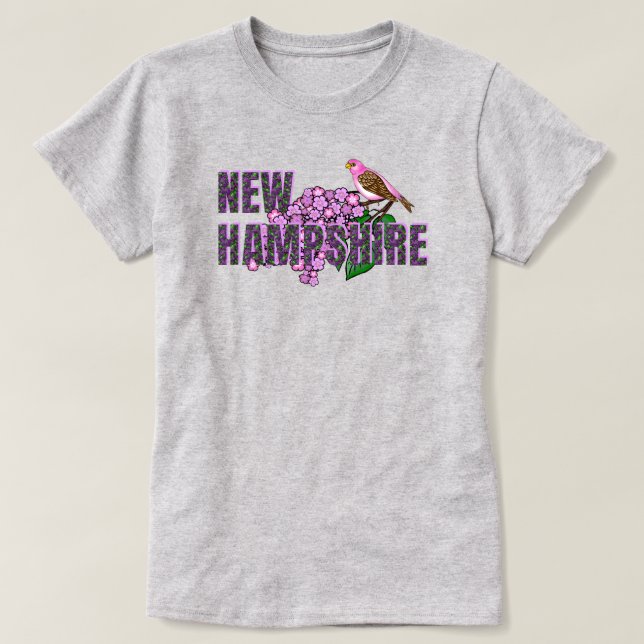 Camiseta New Hampshire State Symbols Purple Finch & Lilacs (Diseño del anverso)