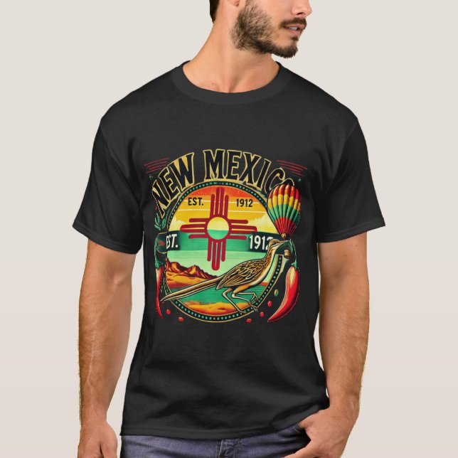Camiseta New Mexico Zia Symbol, Roadrunner &amp; Chile Pepp (Anverso)