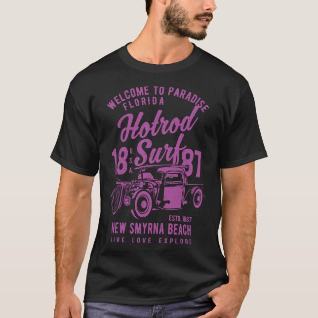 Camiseta New Smyrna Beach Florida Hotrod Surf Distres (Anverso)