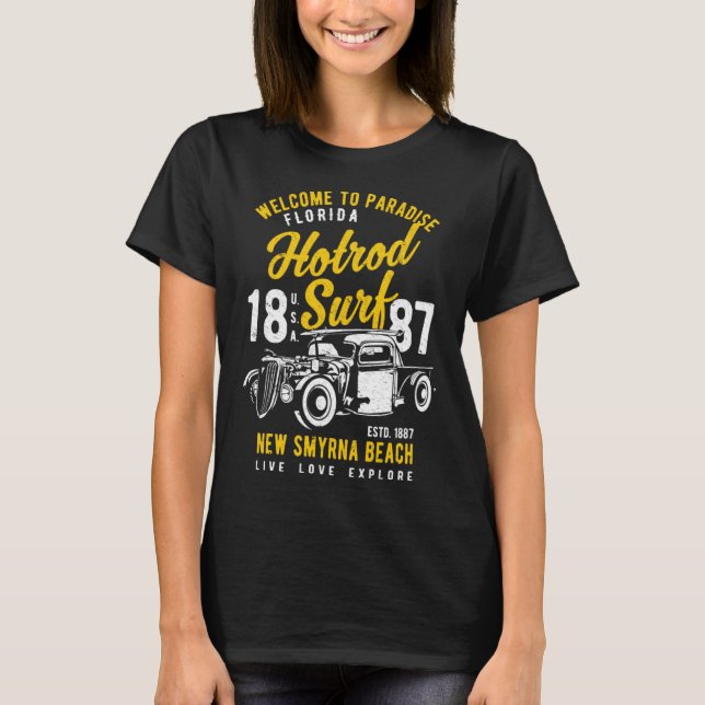 Camiseta New Smyrna Beach Florida Hotrod Surf Distres (Anverso)