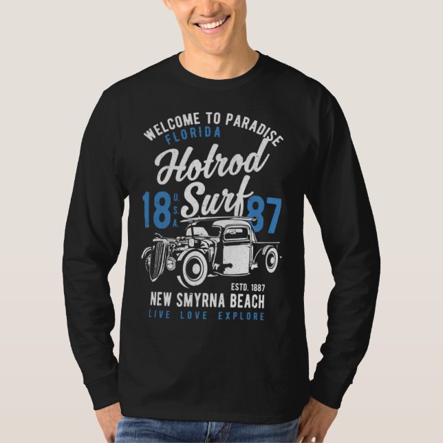 Camiseta New Smyrna Beach Florida Retro Hotrod Surf Distres (Anverso)