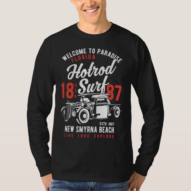 Camiseta New Smyrna Beach Florida Retro Hotrod Surf Distres (Anverso)