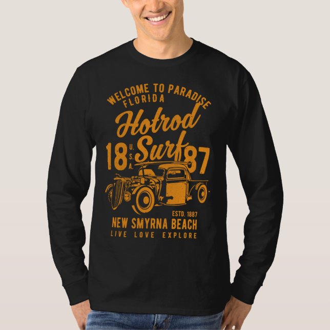 Camiseta New Smyrna Beach Florida Retro Hotrod Surf Distres (Anverso)