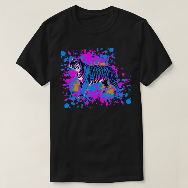 Camiseta New Wave 80s Retro Blue Tiger Paint Splatter (Diseño del anverso)