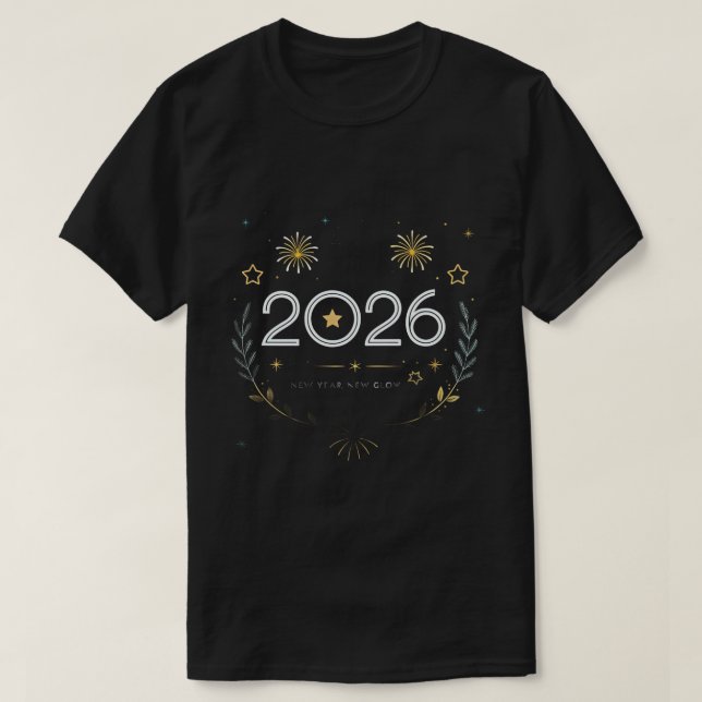 Camiseta New Year 2026 Gold Fireworks “New Year, New Glow” (Diseño del anverso)