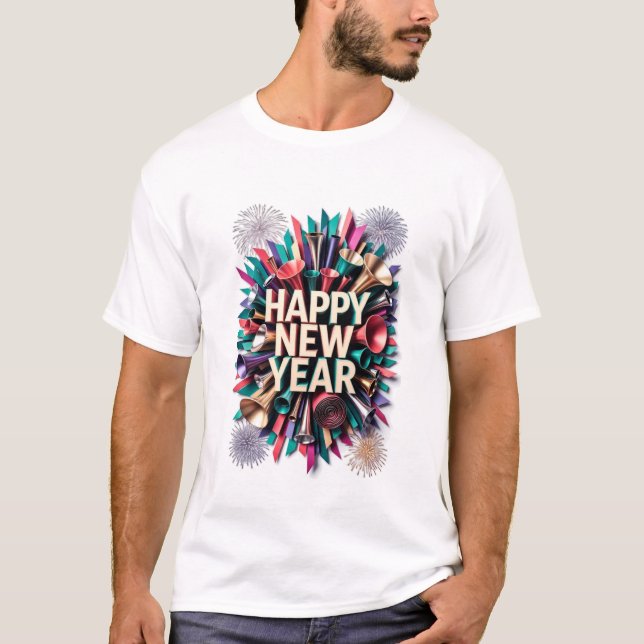 Camiseta New Year's Party Horn T-Shirt, Confetti Burst (Anverso)