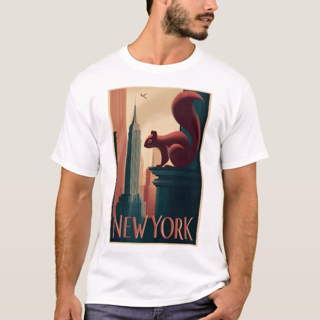 Camiseta New York City Squirrel – Art Deco Skyline Poster (Anverso)