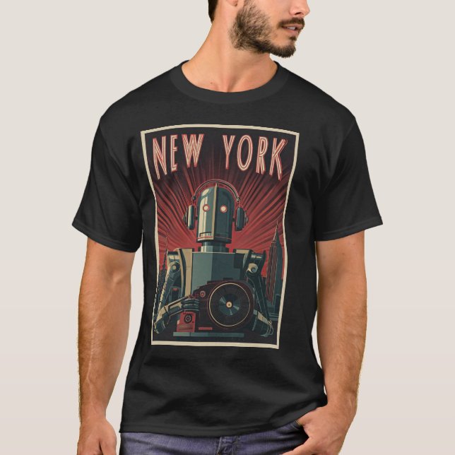 Camiseta New York Robot Tourist – Art Deco Travel Poster (Anverso)