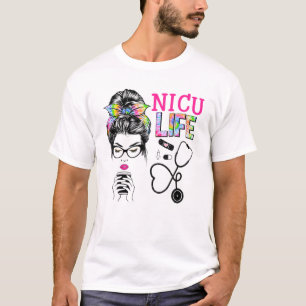 Camiseta NICU Nurse Stethoscope Tie Dye Messy Bun Nurses We