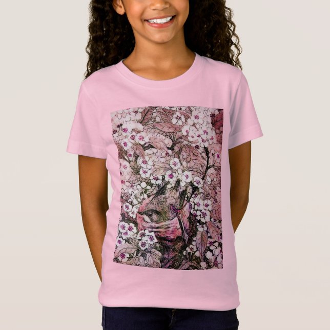 CAMISETA NIDO DE AVES, ÁRBOL, FLORES DE PRIMAVERA BLANCA RO (Anverso)