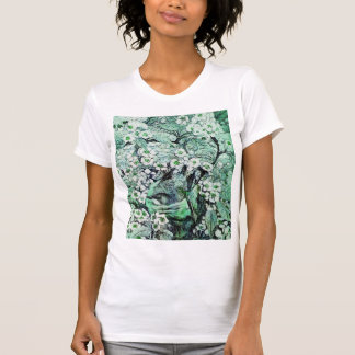 CAMISETA NIDO DE AVES, ÁRBOL, PRIMAVERA BLANCA VERDE FLORES