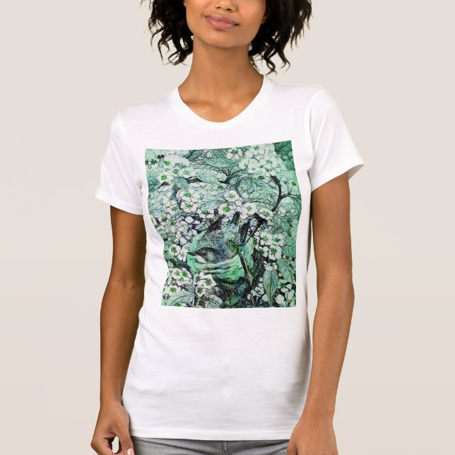 CAMISETA NIDO DE AVES, ÁRBOL, PRIMAVERA BLANCA VERDE FLORES (Anverso)