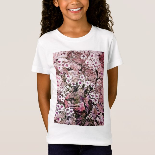 CAMISETA NIDO DE AVES,FLORES DE PRIMAVERA BLANCA ROSA Y ÁRB (Anverso)