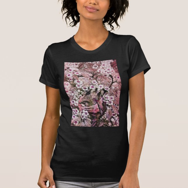 CAMISETA NIDO DE AVES,FLORES DE PRIMAVERA BLANCA ROSA Y ÁRB (Anverso)