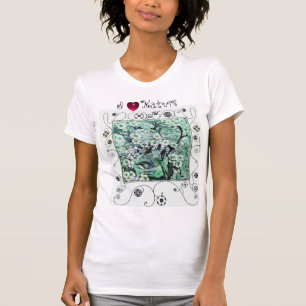 CAMISETA NIDO DE AVES, FLORES DE PRIMAVERA BLANCA VERDE, AM