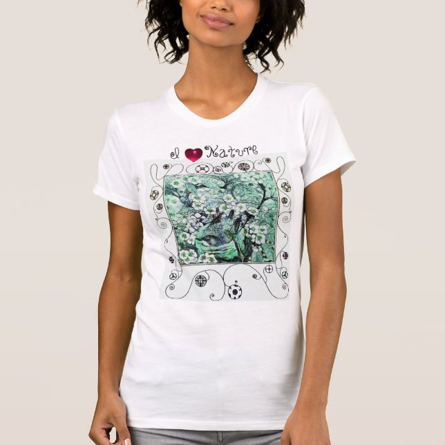 CAMISETA NIDO DE AVES, FLORES DE PRIMAVERA BLANCA VERDE, AM (Anverso)