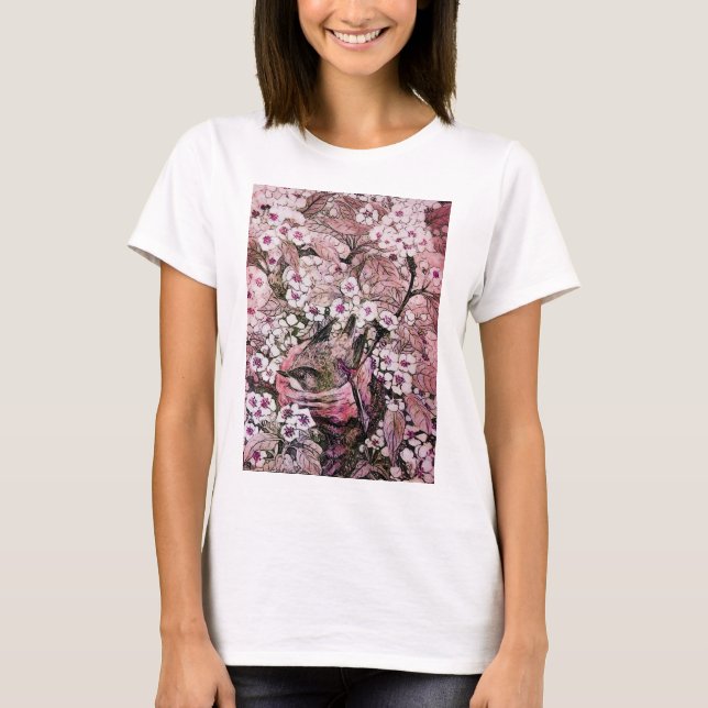 CAMISETA NIDO DE AVES, PRIMAVERA BLANCA ROSA DE ÁRBOL FLORE (Anverso)