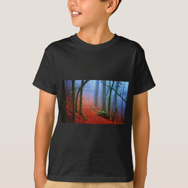 Camiseta Niebla azul del otoño del bosque pintado (Anverso)