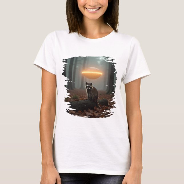 Camiseta Niedliches Waschbär-UFO-Design im Wald (Anverso)
