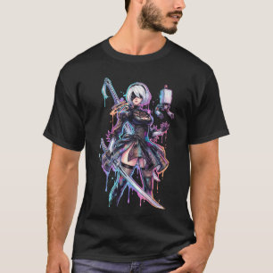 Camiseta NieR Automata 2B Vaporwave Neon Texto Japonés Enci
