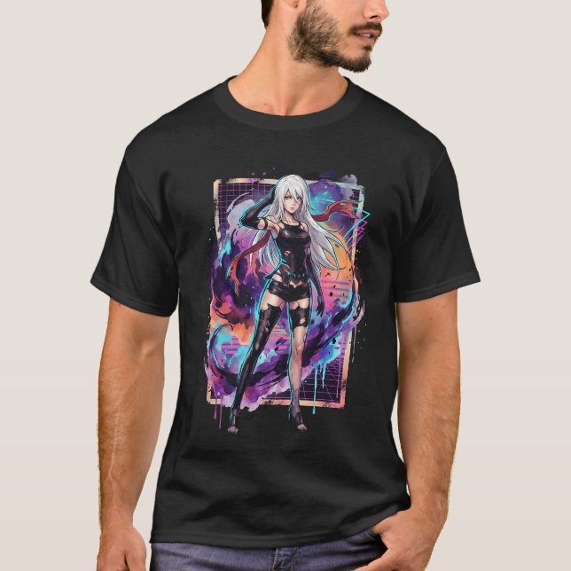 Camiseta NieR Automata A2 Cabello Plateado Blanco con Flequ (Anverso)