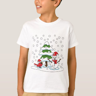Camiseta Nieve cayendo sobre cardenal, muñeco de nieve y pi