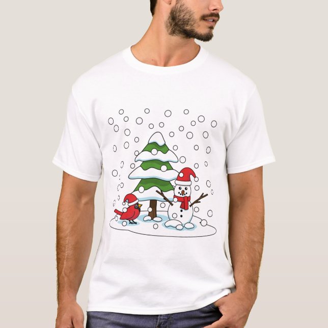 Camiseta Nieve cayendo sobre cardenal, muñeco de nieve y pi (Anverso)