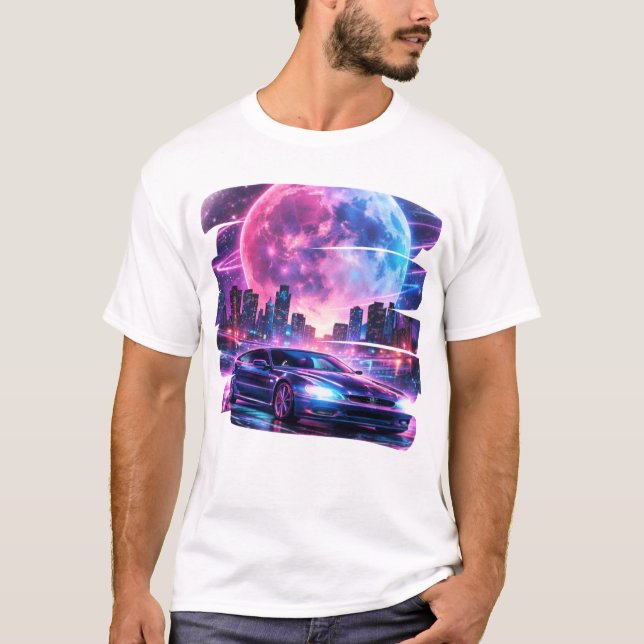Camiseta Night Drive - Retro Futuristic Synthwave Car & Moo (Anverso)