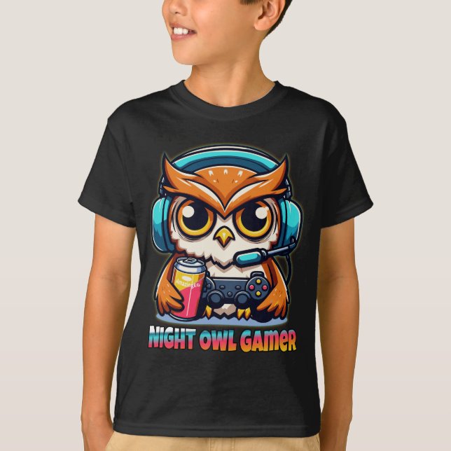 Camiseta Night Owl Gamer Mascot Fun Gaming Illustration (Anverso)