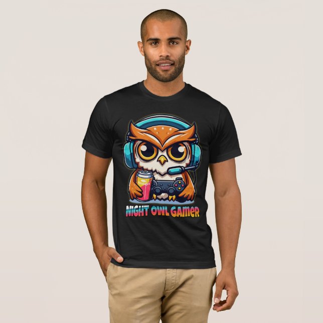 Camiseta Night Owl Gamer Mascot Fun Gaming Illustration (Anverso completo)