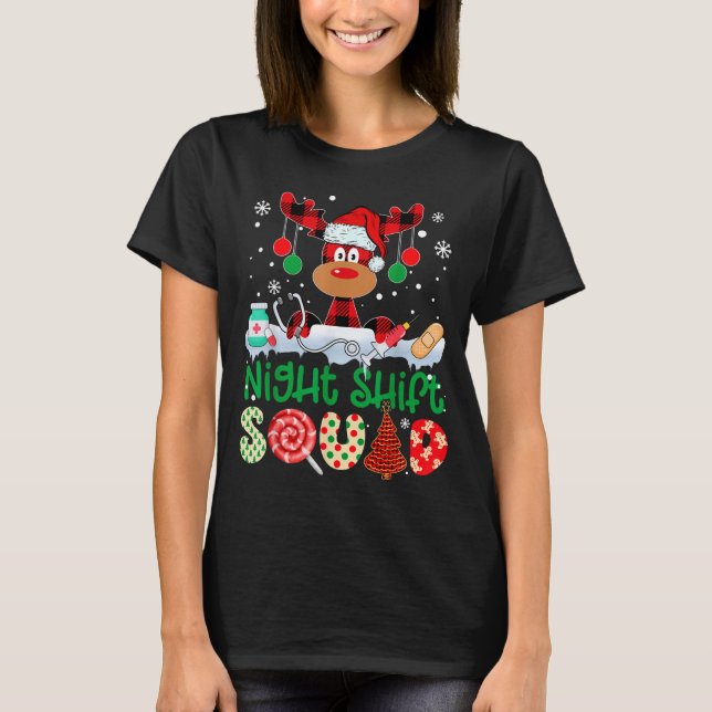 Camiseta Night Shift Squad Nurse Reindeer Buffalo Red Plaid (Anverso)