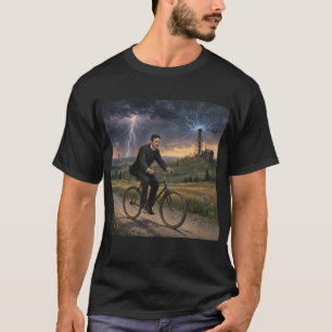 Camiseta Nikola Tesla montando bicicleta hacia su laborator