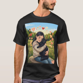 Camiseta Niña abrazando gato negro | Ilustración de campo d