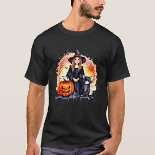 Camiseta Niña bruja de Halloween adorable con gato y calaba