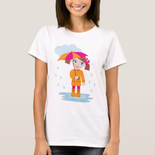 Camiseta Niña con Impermeable Naranja y Paraguas Rosa