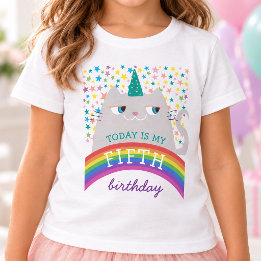 Camiseta Niña de 5 años de cumpleaños Gato Arcoíris
