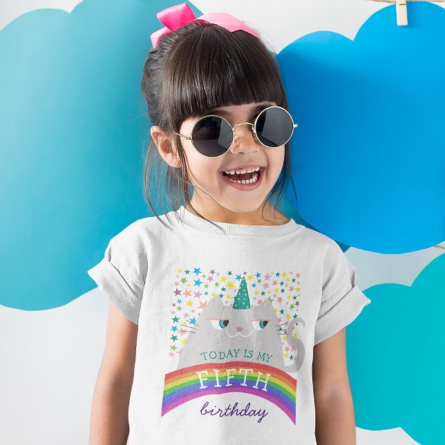 Camiseta Niña de 5 años de cumpleaños Gato Arcoíris (Subido por el creador)